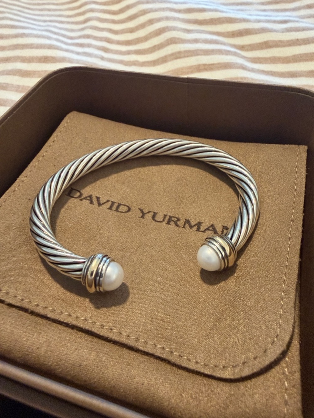 David Yurman Sterling Silver Classic Cable Cuff with Pearls and 14k gold, 7mm - Picture 2 of 7